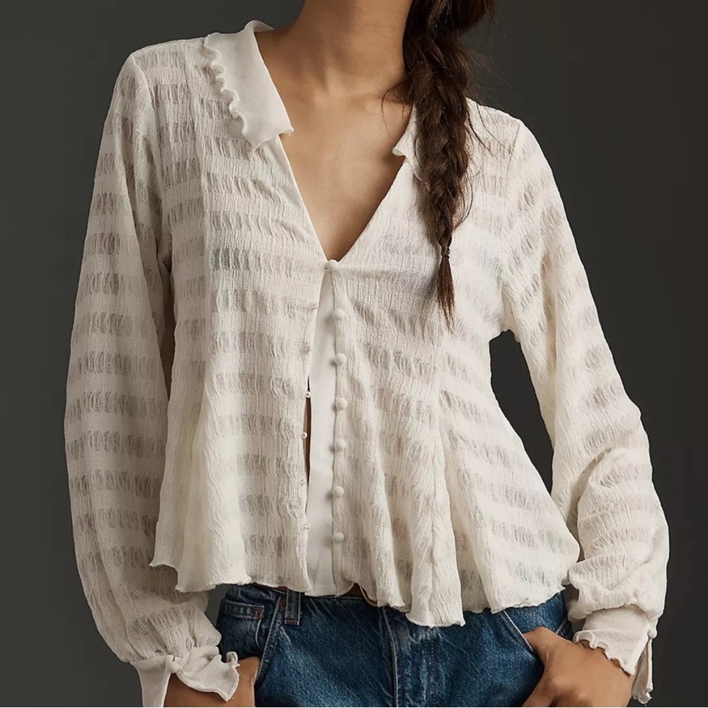 By Anthropologie Long-Sleeve Button-Front Textured Blouse | Size Large